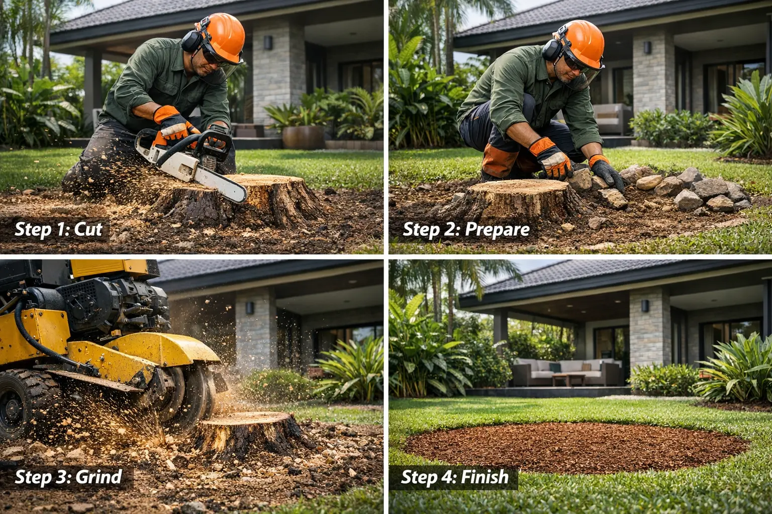 Step by step stump grinding process in Malaysia - cutting, preparing, grinding and finishing